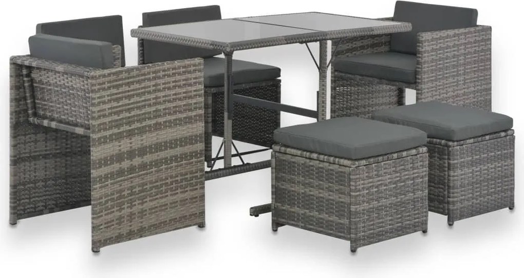 Conjunto jantar p/ exterior com almofadões 7 pcs vime cinzento