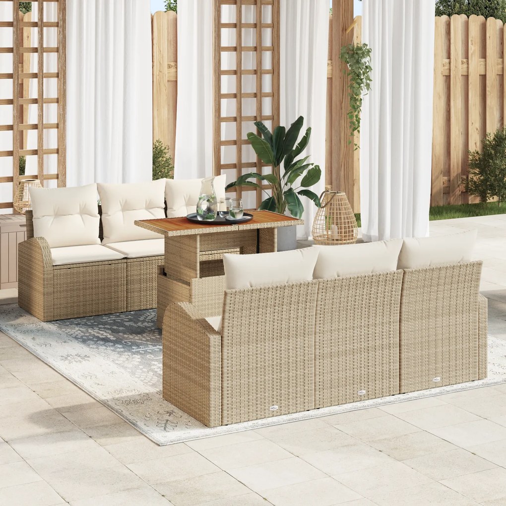 Conjunto de Sofás de Jardim vidaXL de 7 Peças com Almofadas Bege Rattan Poliéster