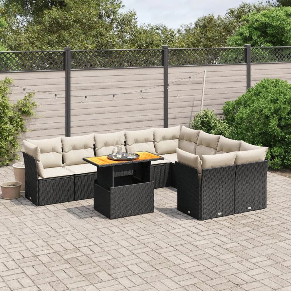 vidaXL 10 pcs conjunto sofás de jardim c/ almofadões vime PE preto