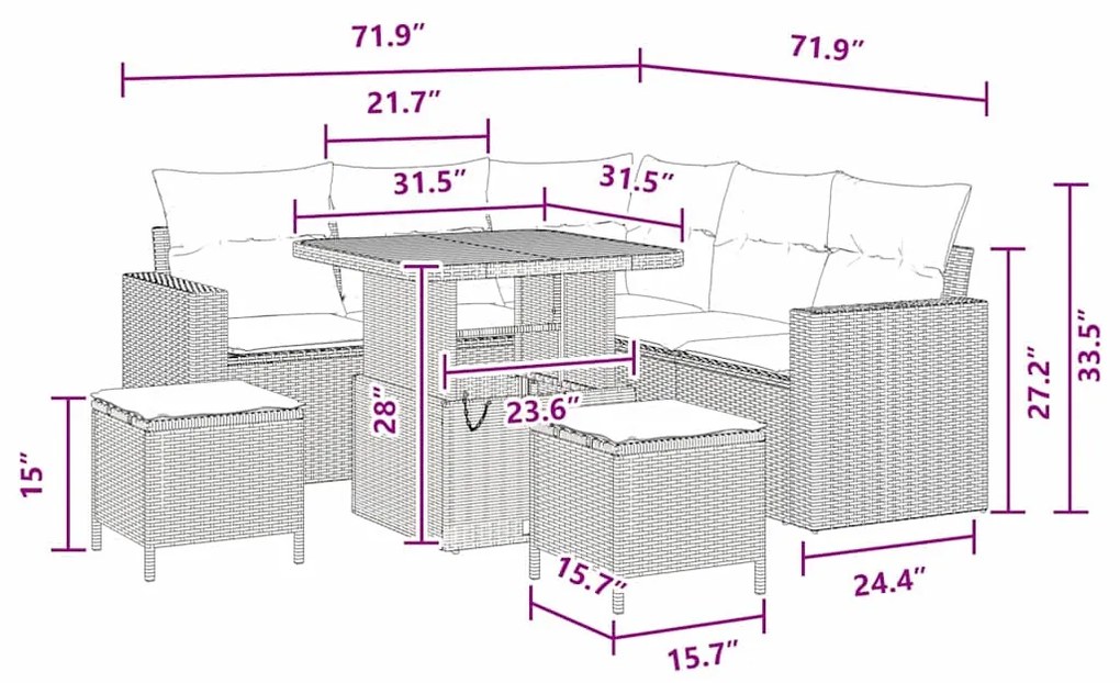 Conjunto de sofá de jardim de 8 peças com almofadas da em rattan sinté