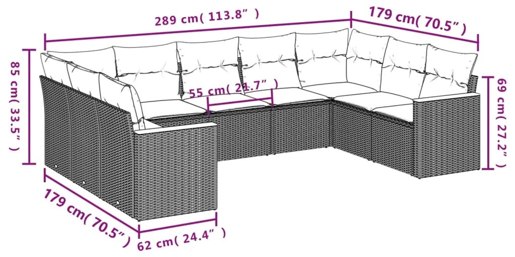 9 pcs conjunto sofás p/ jardim com almofadões vime PE cinzento