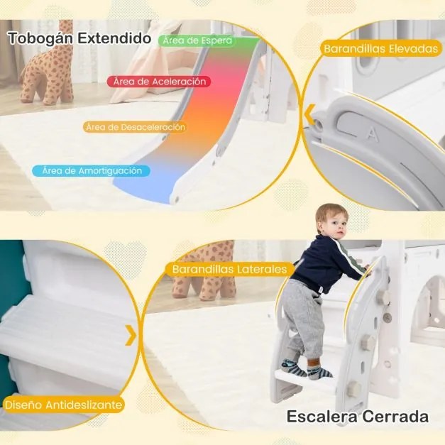 Escorrega infantil 9 em 1 com cesto de basquetebol, telescópio, ponte suspensa e túnel para 1+ anos 176 x 138 x 80 cm cinzento e branco