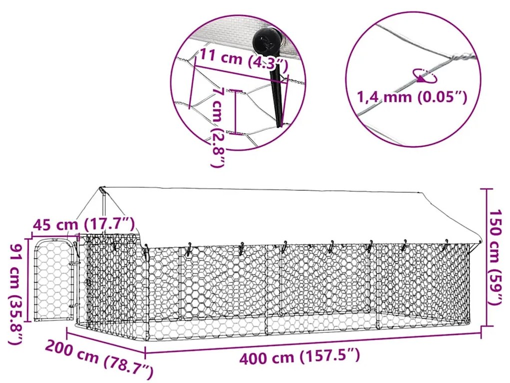 Canil de exterior com telhado 400x200x150 cm