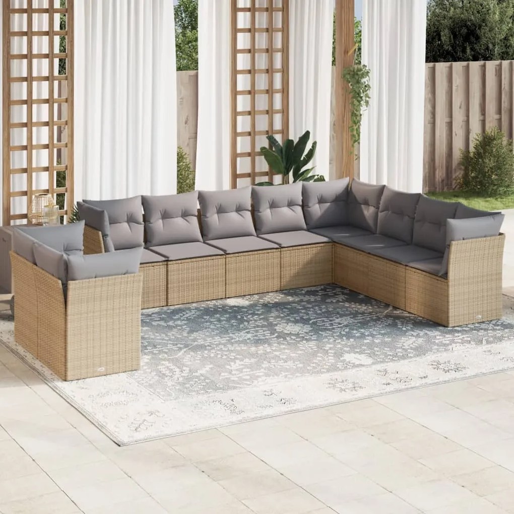 vidaXL 10 pcs conjunto de sofás p/ jardim com almofadões vime PE bege