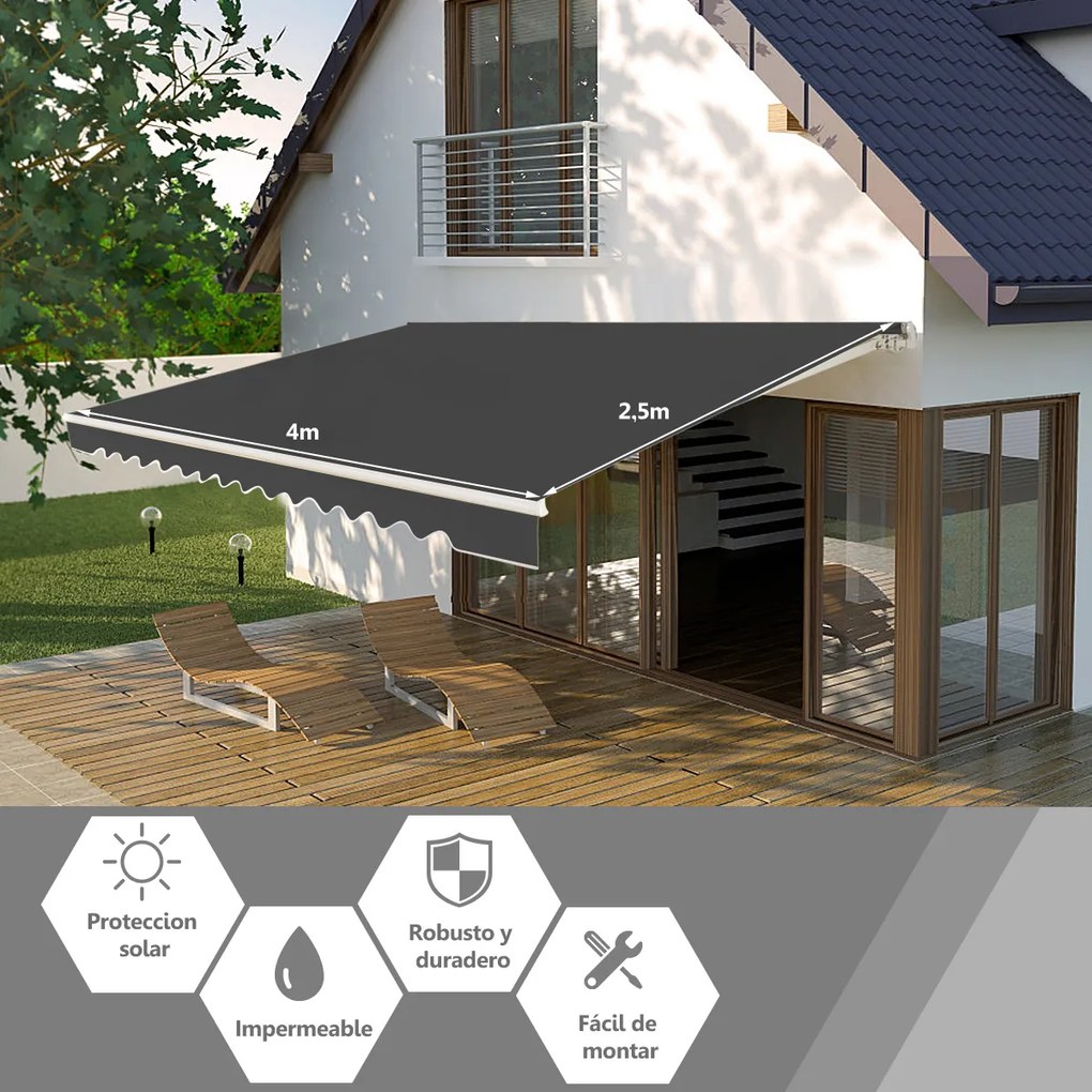 Toldo retrátil 4 x 2,5 m para varanda, terraço Cobertura em poliéster com manivela manual Estrutura em alumínio resistente Cinzento