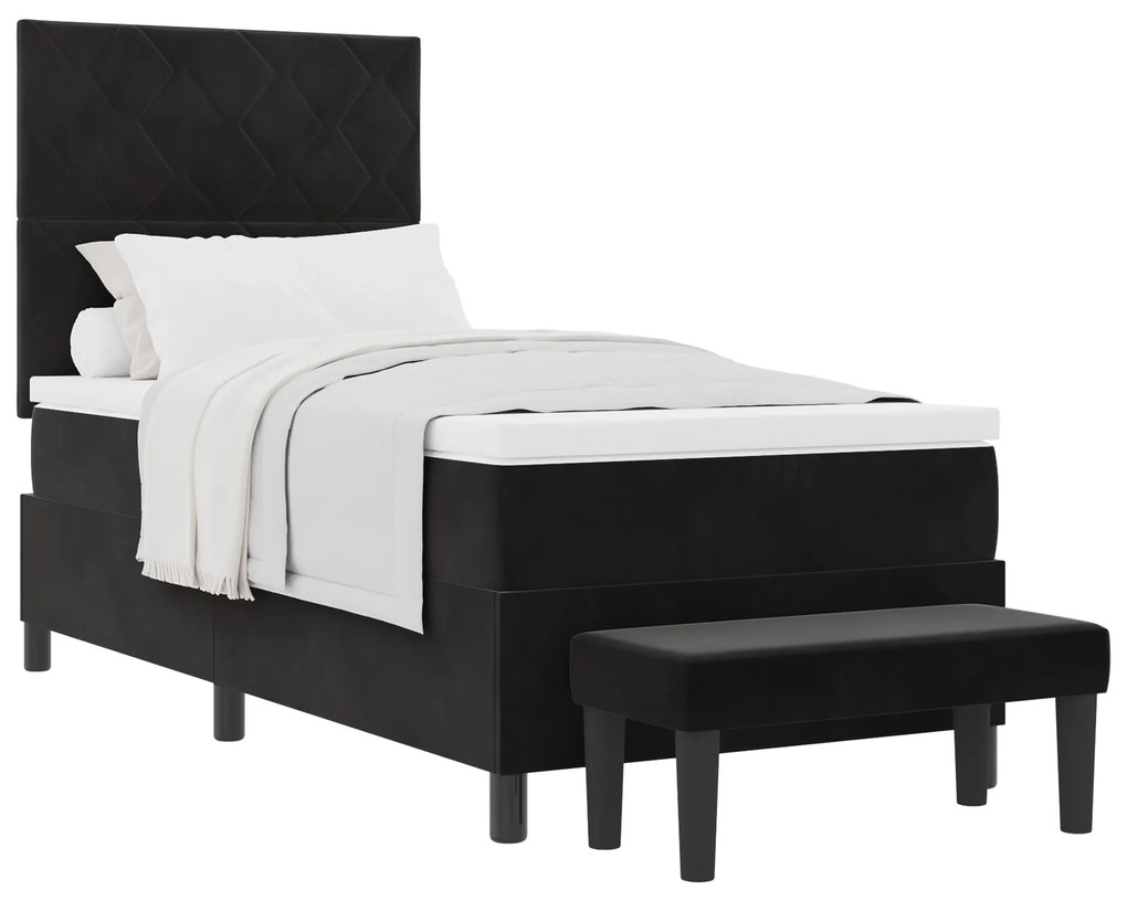 Cama Box Spring com Colchão & Banco Preto 100x200 cm Veludo