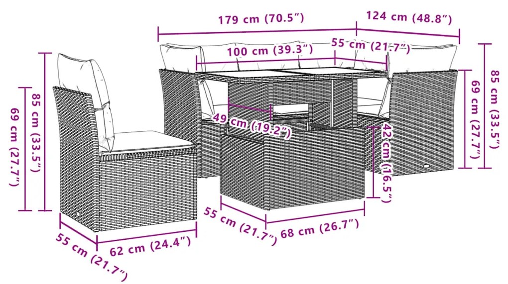 6 pcs conj. sofás jardim com almofadões vime PE cinzento-claro