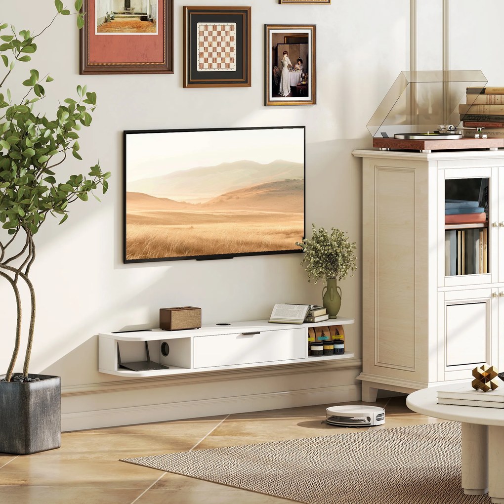 Móvel de TV suspenso, móvel para televisores até 50 polegadas, com gaveta rebatível e 2 prateleiras, 120 x 24 x 16 cm, branco