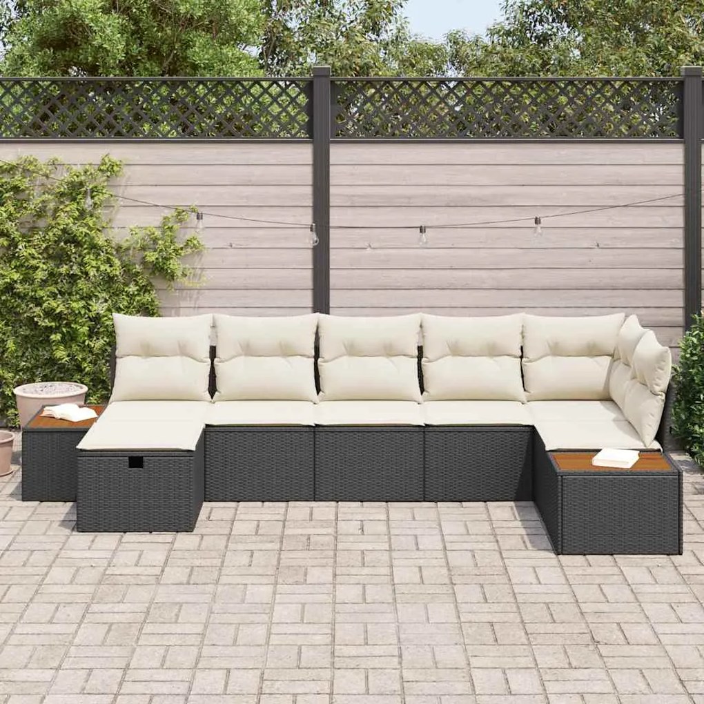 Conjunto de Sofás de Jardim 7 Peças com Almofadas Preto Poli Rattan