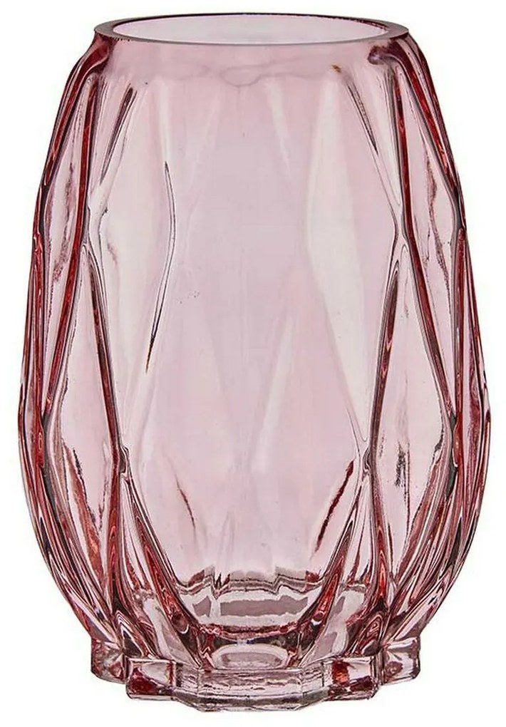 Vaso Lapidado Losangos Cristal Cor de Rosa (13,5 x 19 x 13,5 cm)