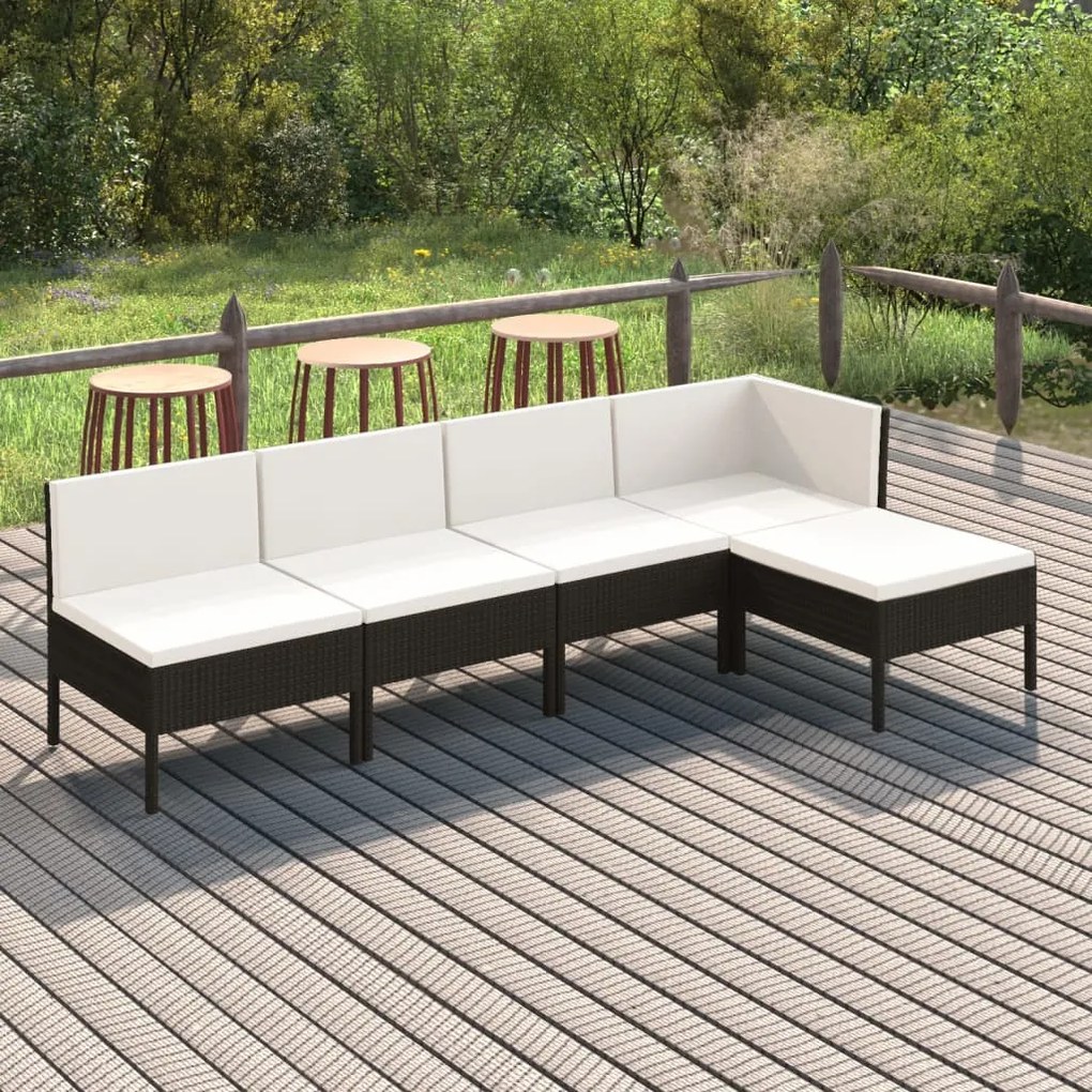 vidaXL 5 pcs conjunto lounge de jardim c/ almofadões vime PE preto