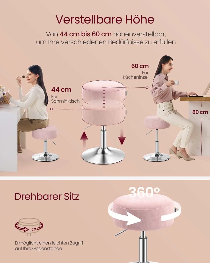 Banco para toucador com altura ajustável e rotação de 360°, Rosa Pastel