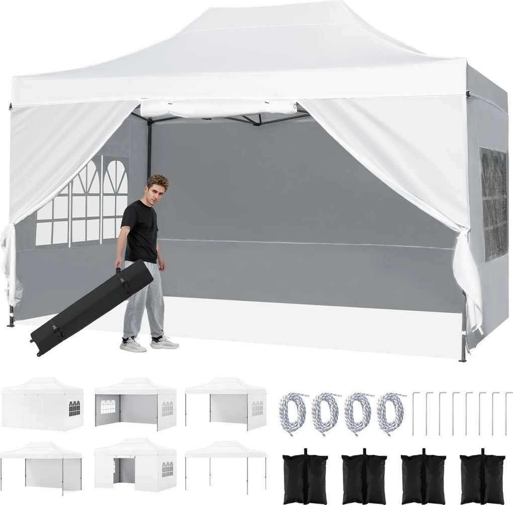 Tenda dobrável 431 x 291 cm, pop-up com 4 paredes amovíveis, altura ajustável, 4 x Sacos de areia, saco de transporte, rodas, impermeável, para pátio,