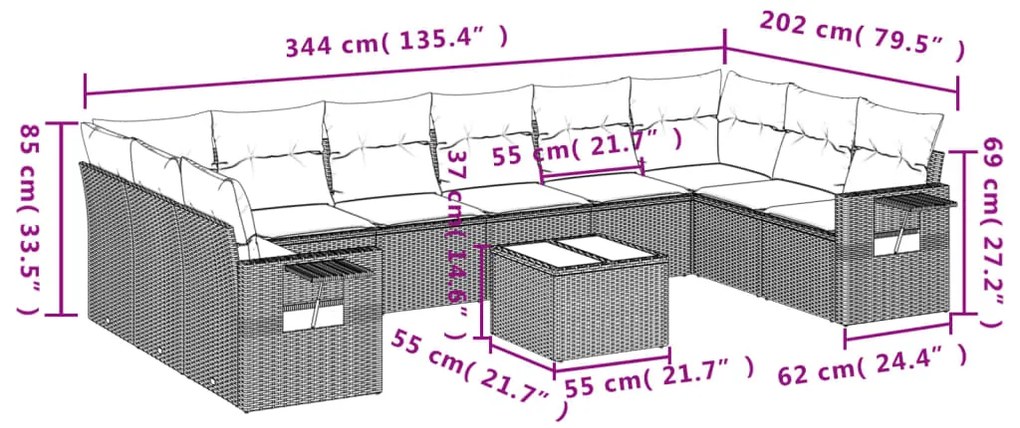 11 pcs conjunto sofás de jardim c/ almofadões vime PE bege