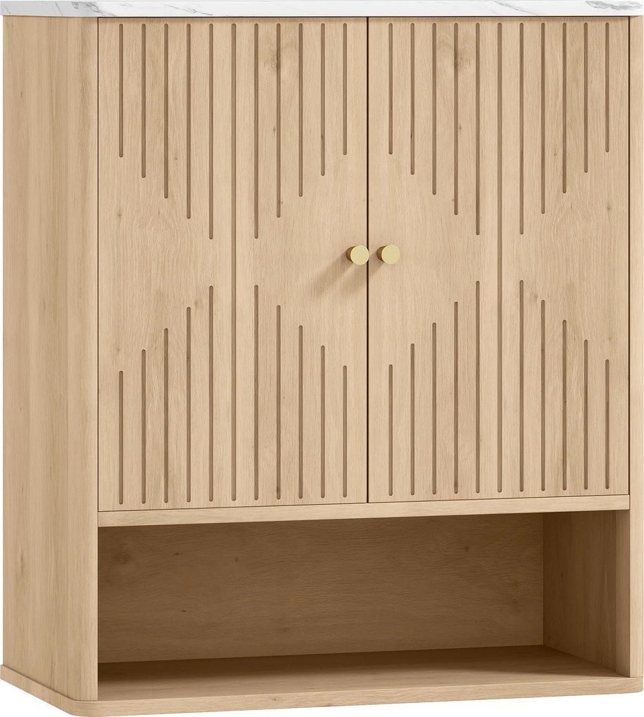 HOMCOM Armário de Parede para Casa de Banho com Portas em Ampulheta, Prateleira Ajustável e Aberta, 60x18x70 cm, Carvalho | Aosom Portugal