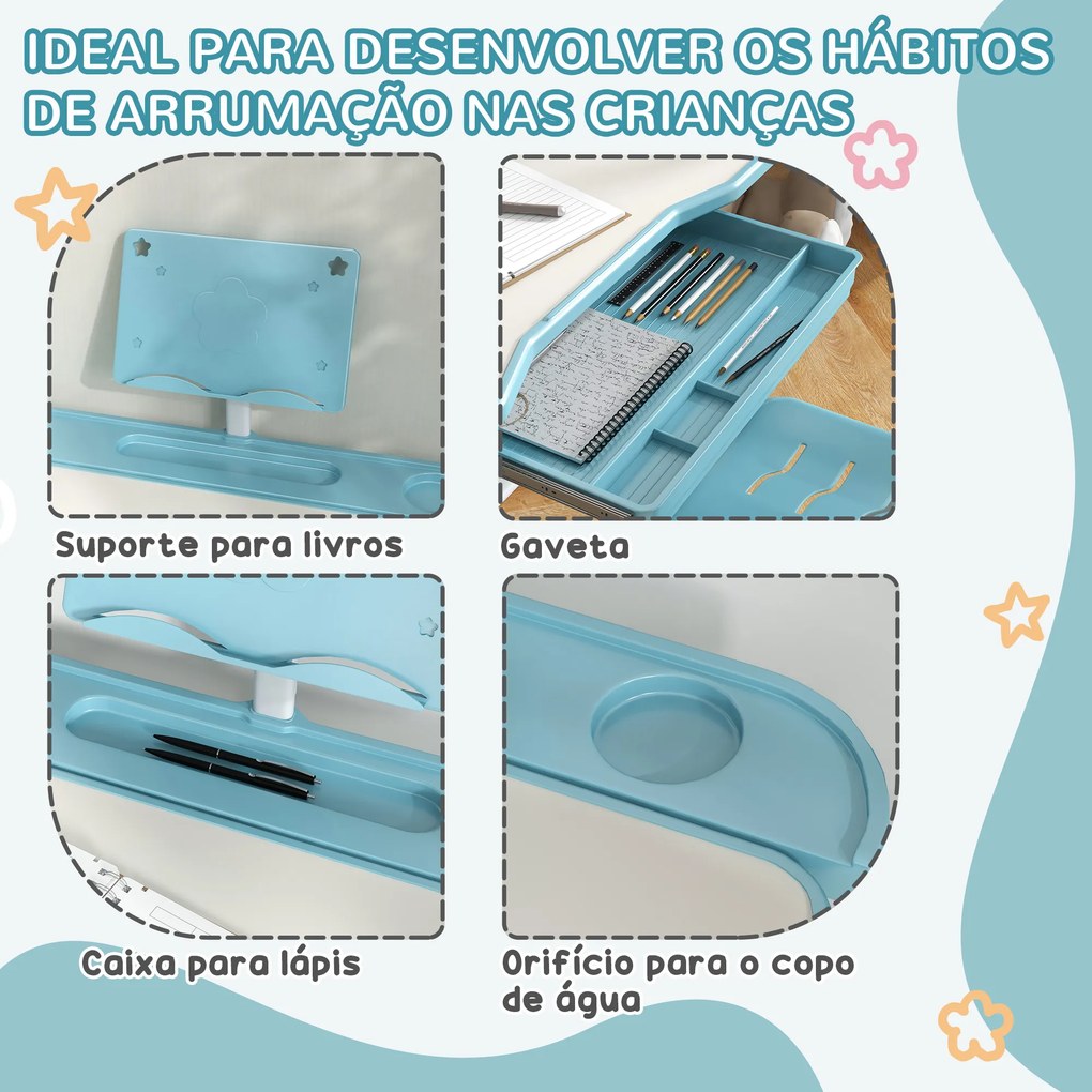 Conjunto de Secretária e Cadeira para Crianças com Altura Ajustável e Ângulo da Mesa Ajustável 80x49,5x82-104 cm Azul