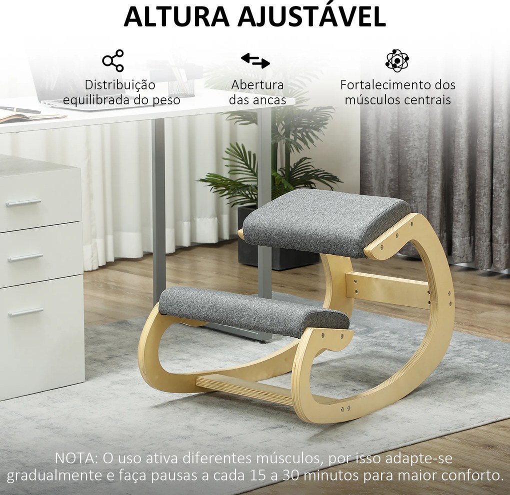 Cadeira escritorio Ergonómica de Joelhos com Almofadas Acolchoadas Estrutura de Madeira para Melhor Postura Escritório 55x85x55 cm Cinzento