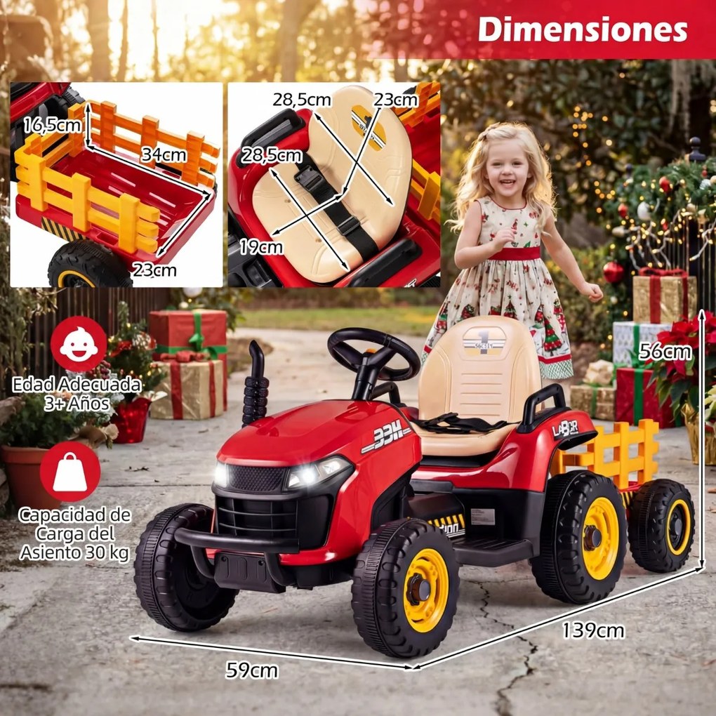 Trator elétrico de 24 V, trator infantil com reboque rebatível e removível, controlo remoto, música e faróis LED, a partir dos 3 anos, vermelho