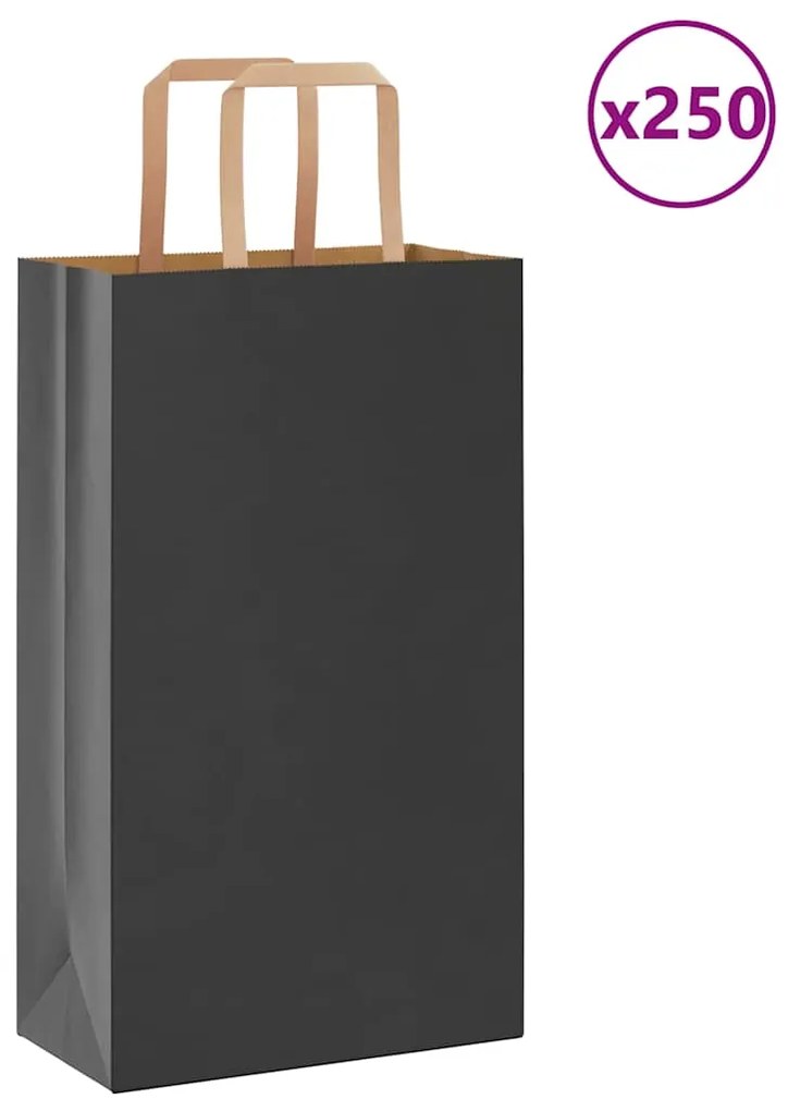 vidaXL Sacos de papel 250 unid com alças preto 21x11x36 cm