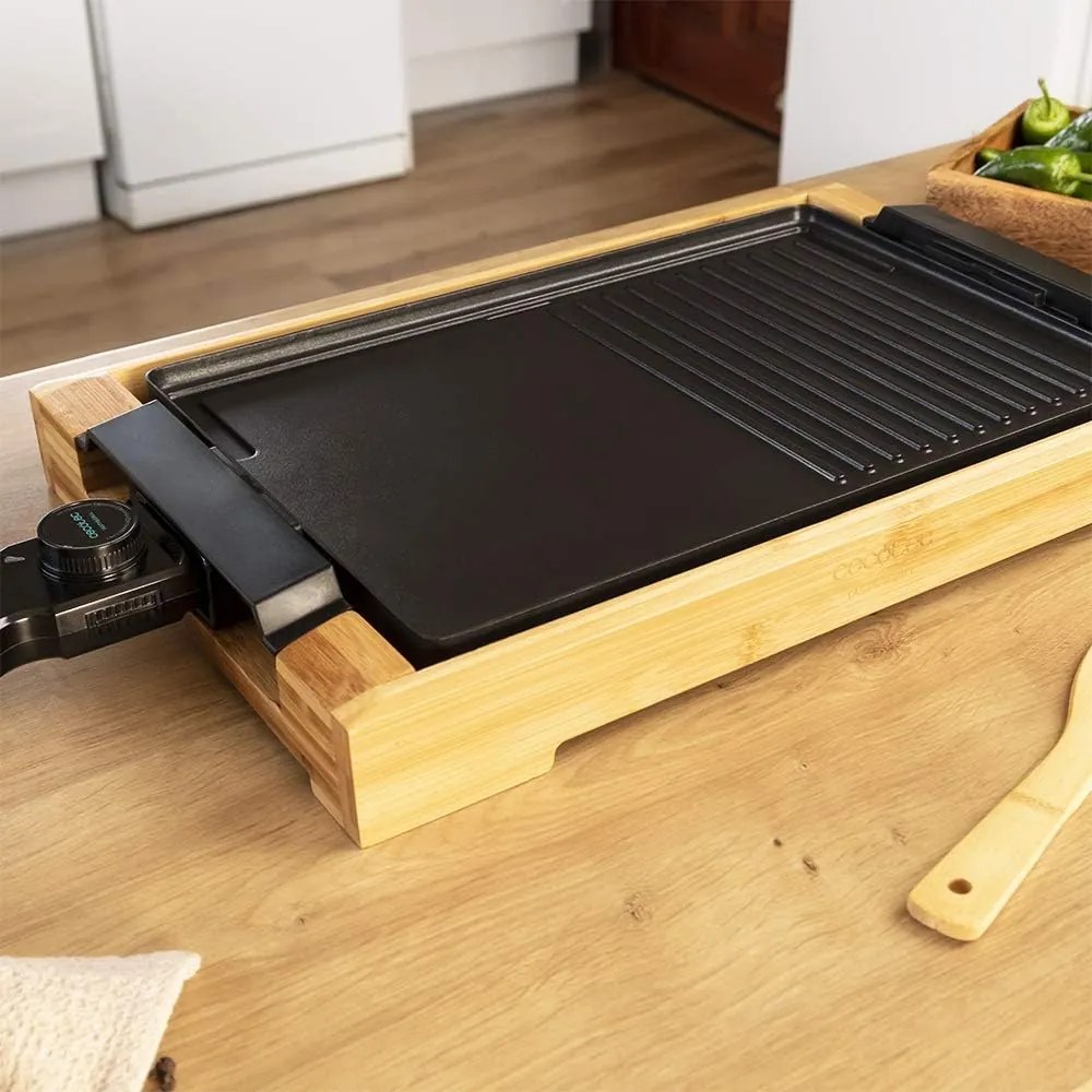 Grelhador elétrico com Potência 2000 W Tasty&Grill 2000 Bamboo Black, acabamento em aço inoxidável, termóstato ajustável, superfície da grelha, revest