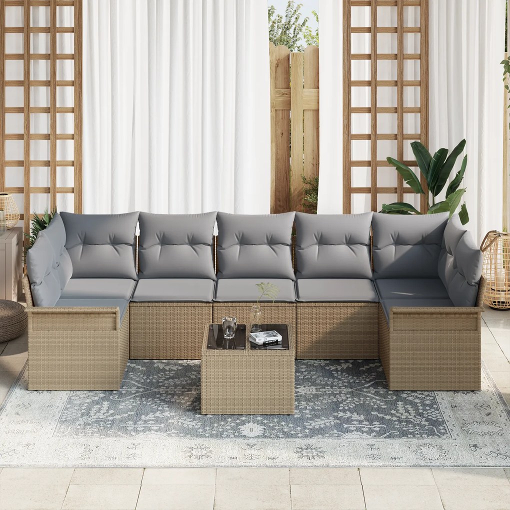 Conjunto de Sofá de Jardim de 8 peças com Almofadas Bege de Rattan Pol