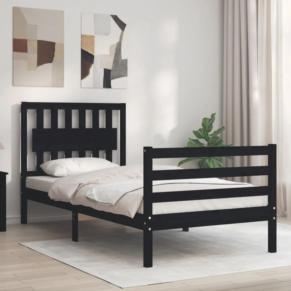 vidaXL Estrutura de cama com cabeceira 90x200 cm madeira maciça preto