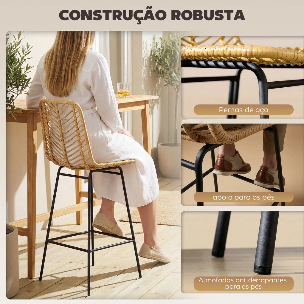 Bancos Altos de Cozinha em Vime Sintético Bancos de Bar Modernos com Pés de Aço 42,5x52x102 cm Madeira e Preto