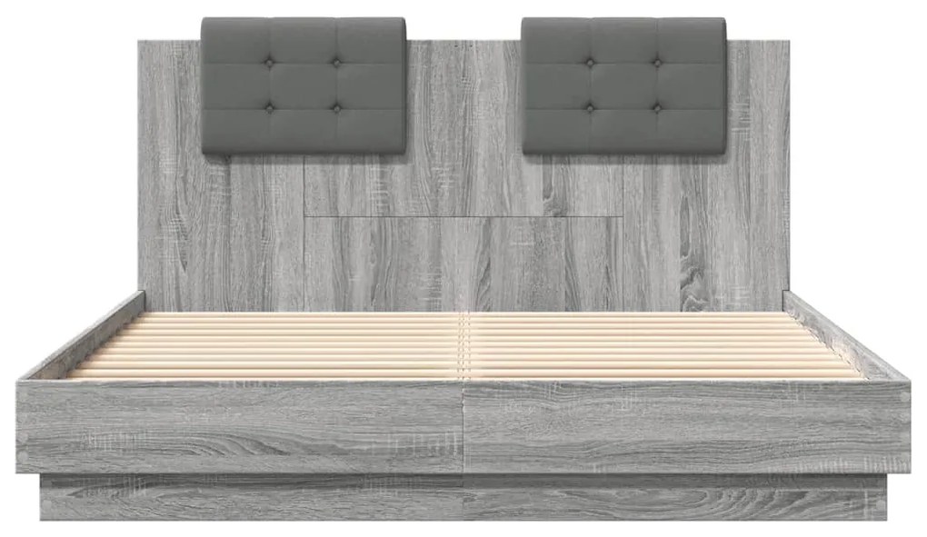 Estrutura de cama c/ cabeceira/luzes LED 140x200cm cinza sonoma