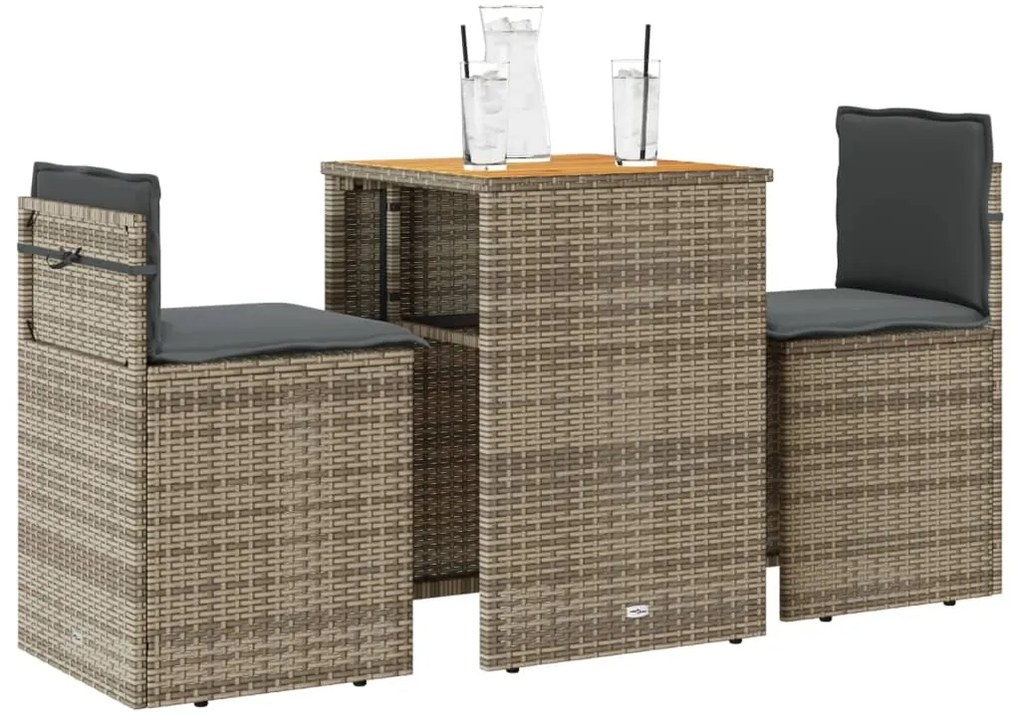 3 pcs conjunto bistrô com almofadões vime PE cinza