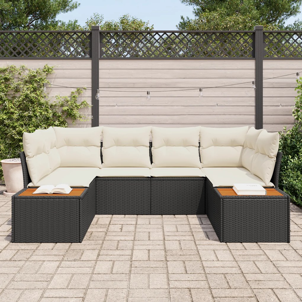 Conjunto de Sofá de Jardim de 6 Peças com Almofadas Preto Rattan de Po