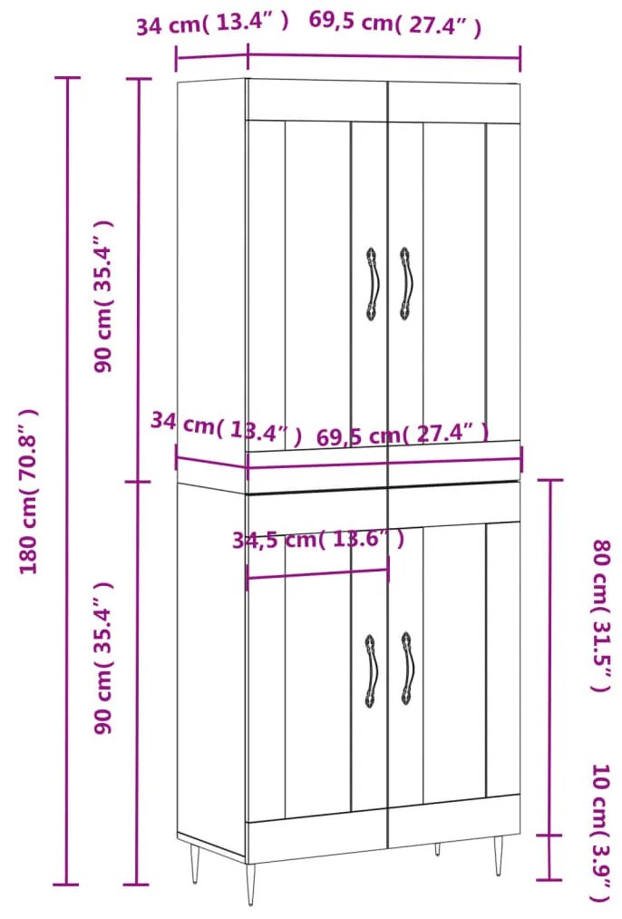 Armário alto 69,5x34x180 cm derivados de madeira sonoma cinza