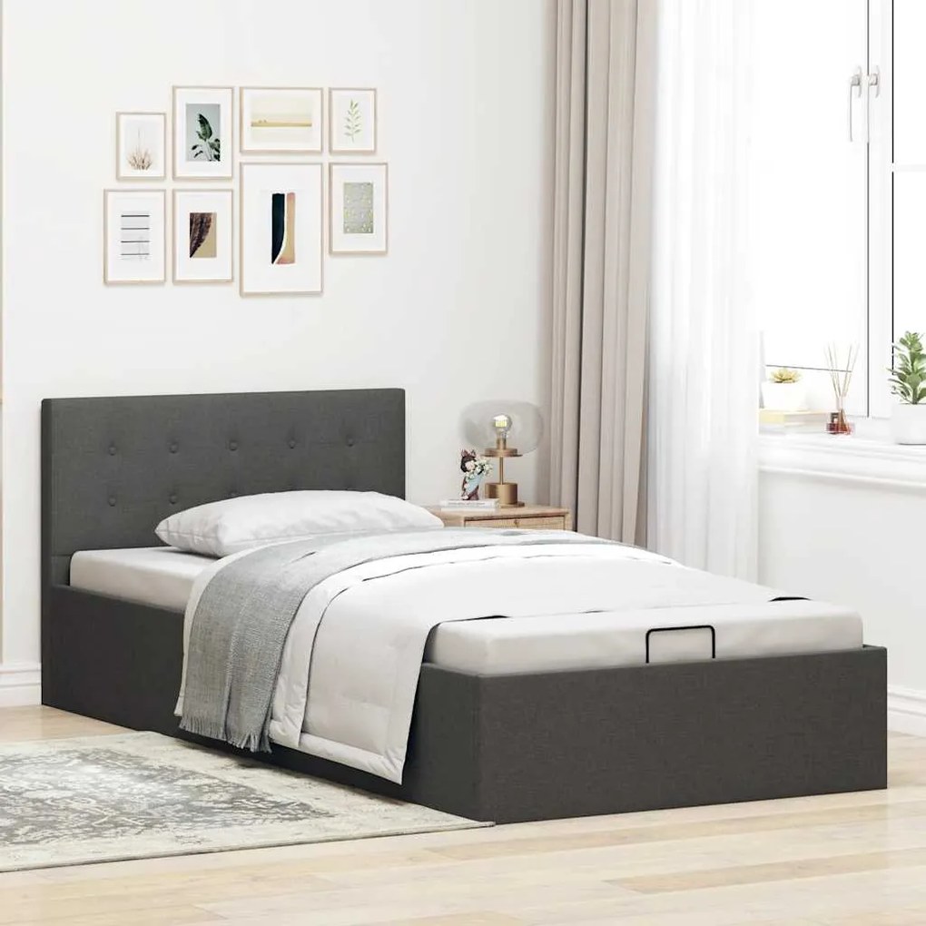 Cama Hidráulica Karen com Arrumação - 90x200cm - Em Tecido Cinza-Escur