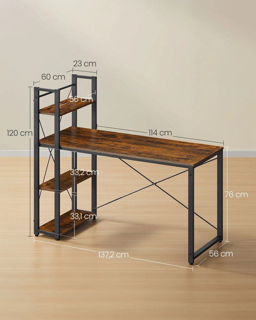 Secretária de computador com prateleiras à direita ou à esquerda 56 x 137,2 x 120 cm Castanho Vintage-Preto