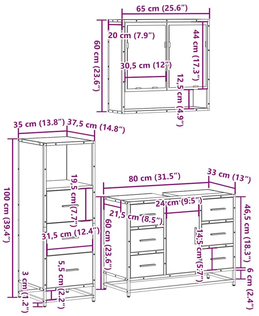 3 pcs Conjunto móveis casa de banho madeira proc. cinza sonoma