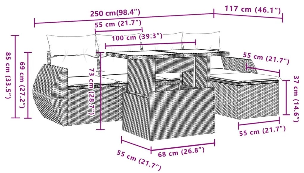 6 pcs conjunto de sofás p/ jardim com almofadões vime PE bege