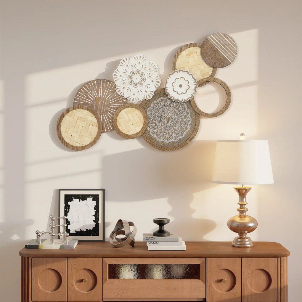 Decoração de parede em madeira, escultura de parede em madeira, design exclusivo com vários discos, 83,8 x 44,5 cm, madeira natural FR