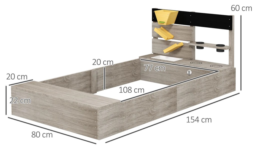 Caixa de Areia para Crianças de Madeira com 2 Assentos e Brinquedos de Cozinha para Pátio Jardim 154x80x60 cm Cinza