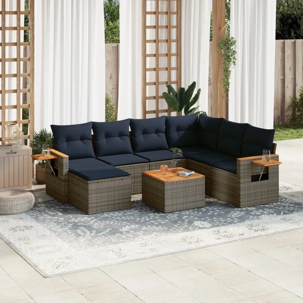 vidaXL 8 pcs conjunto sofás p/ jardim c/ almofadões vime PE cinzento