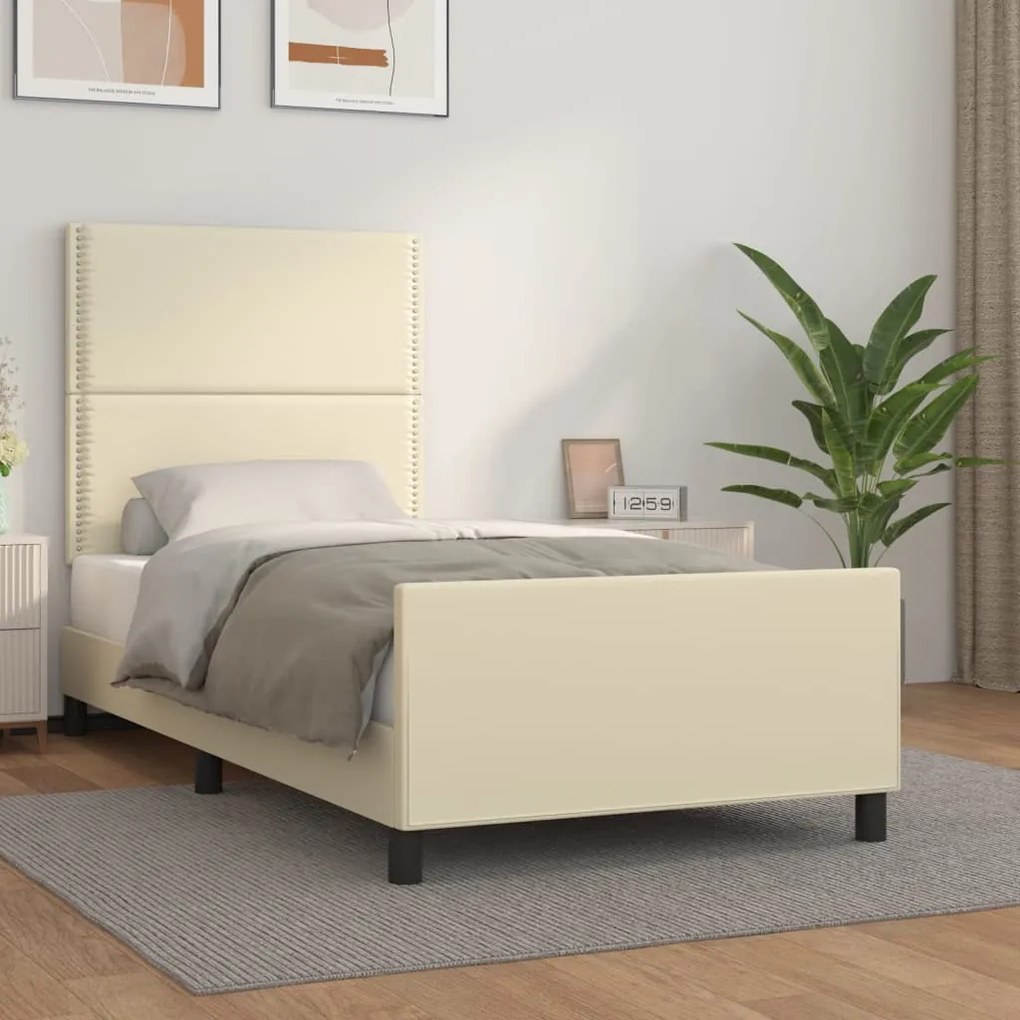 Estrutura de cama c/ cabeceira couro artificial 80x200 cm creme