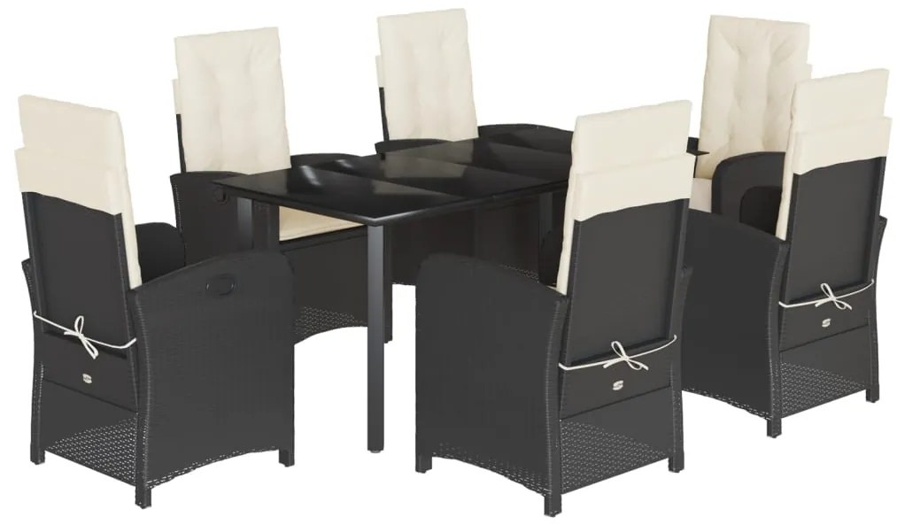 7 pcs conjunto de jantar p/ jardim c/ almofadões vime PE preto