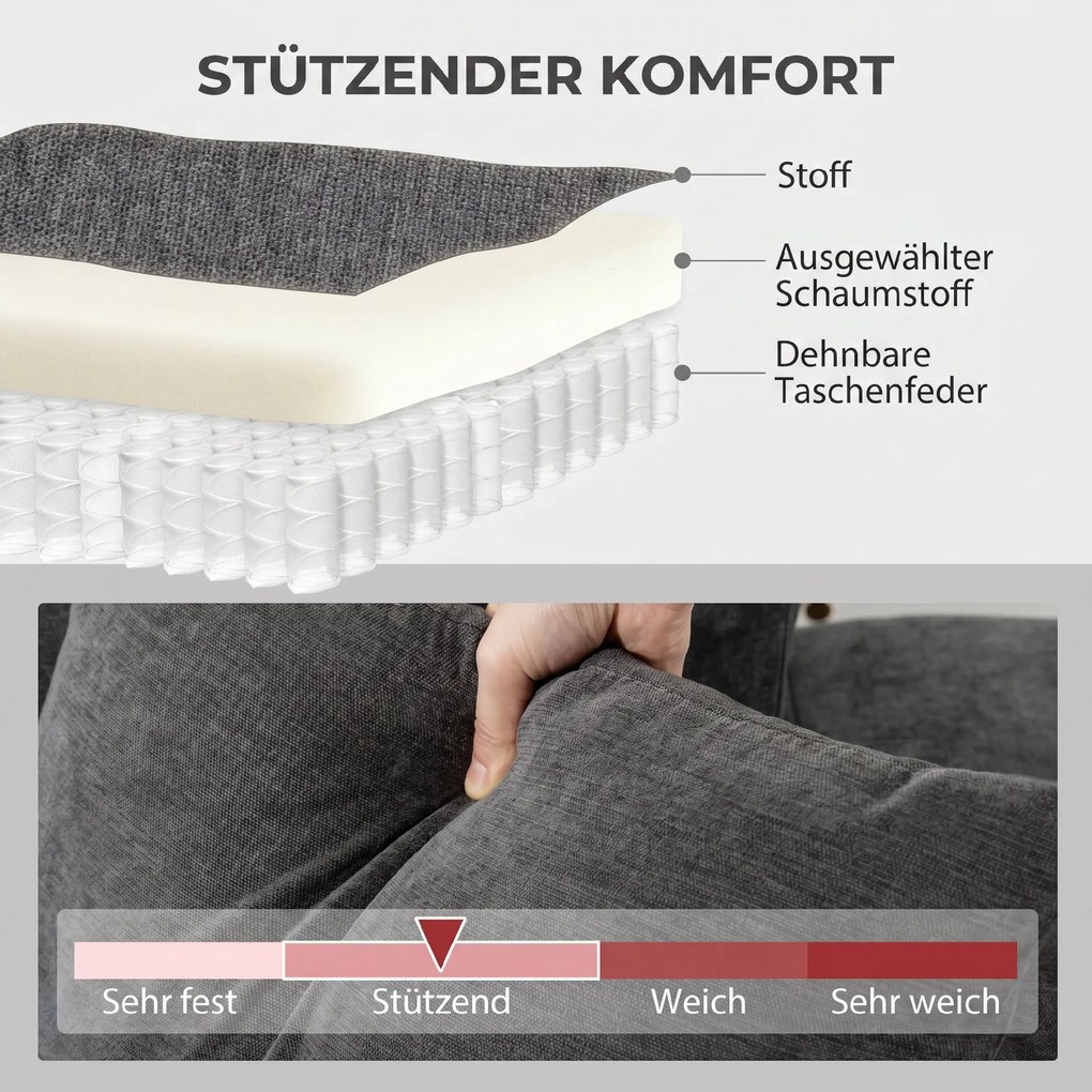 Sofá Chaise Longue Reversível 3 Lugares com 2 Almofadas Estofado em Linho e Estrutura em Aço 242x156x87 cm Cinzento Escuro
