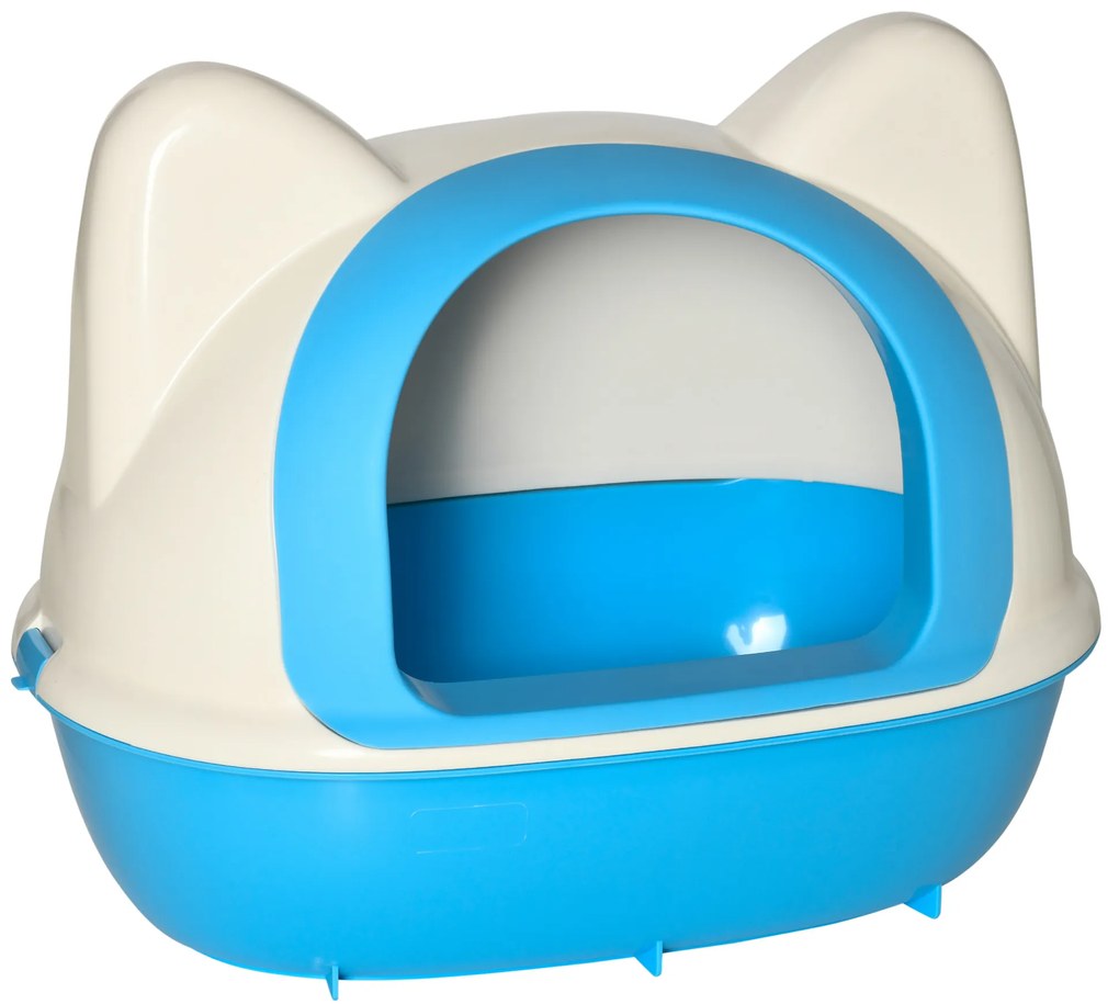 PawHut Caixa de Areia para Gatos Caixa de Areia Fechada com Orifício de Entrada e Pá Incluída 59x42,5x47cm Branco e Azul