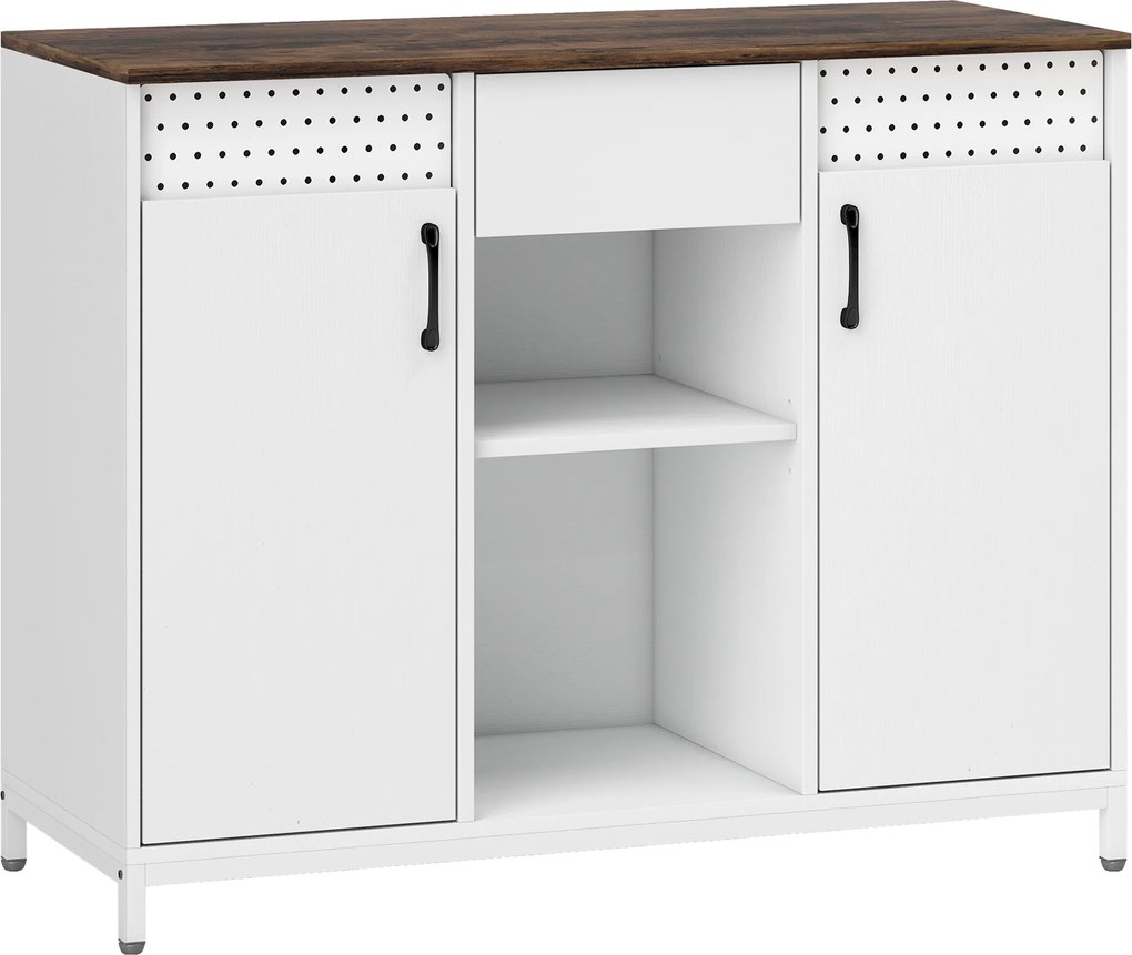 HOMCOM Aparador de 2 Portas com Orifícios 2 Compartimentos e Gaveta Prateleiras Ajustáveis 100x40x80 cm Branco e Castanho Rústico | Aosom Portugal