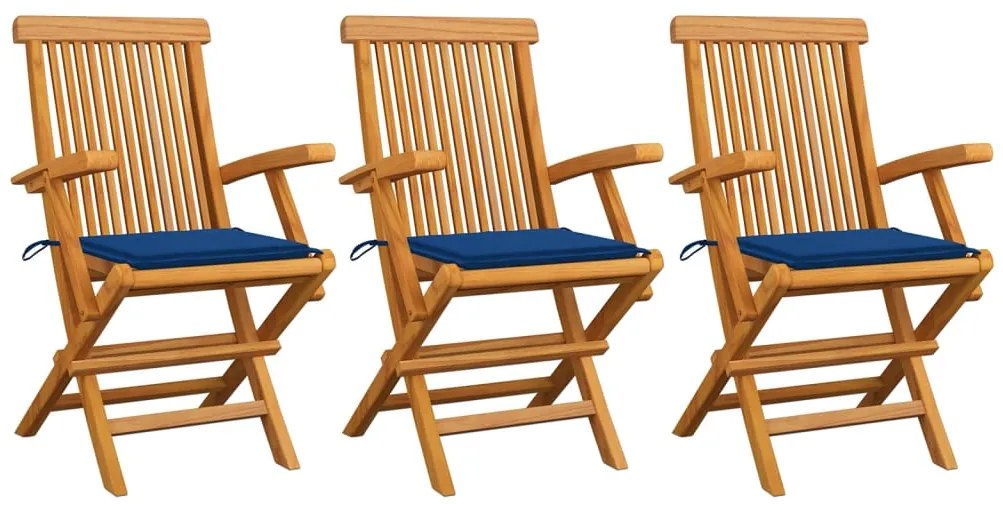 3062524 vidaXL Cadeiras de jardim c/ almofadões azul real 3 pcs teca maciça