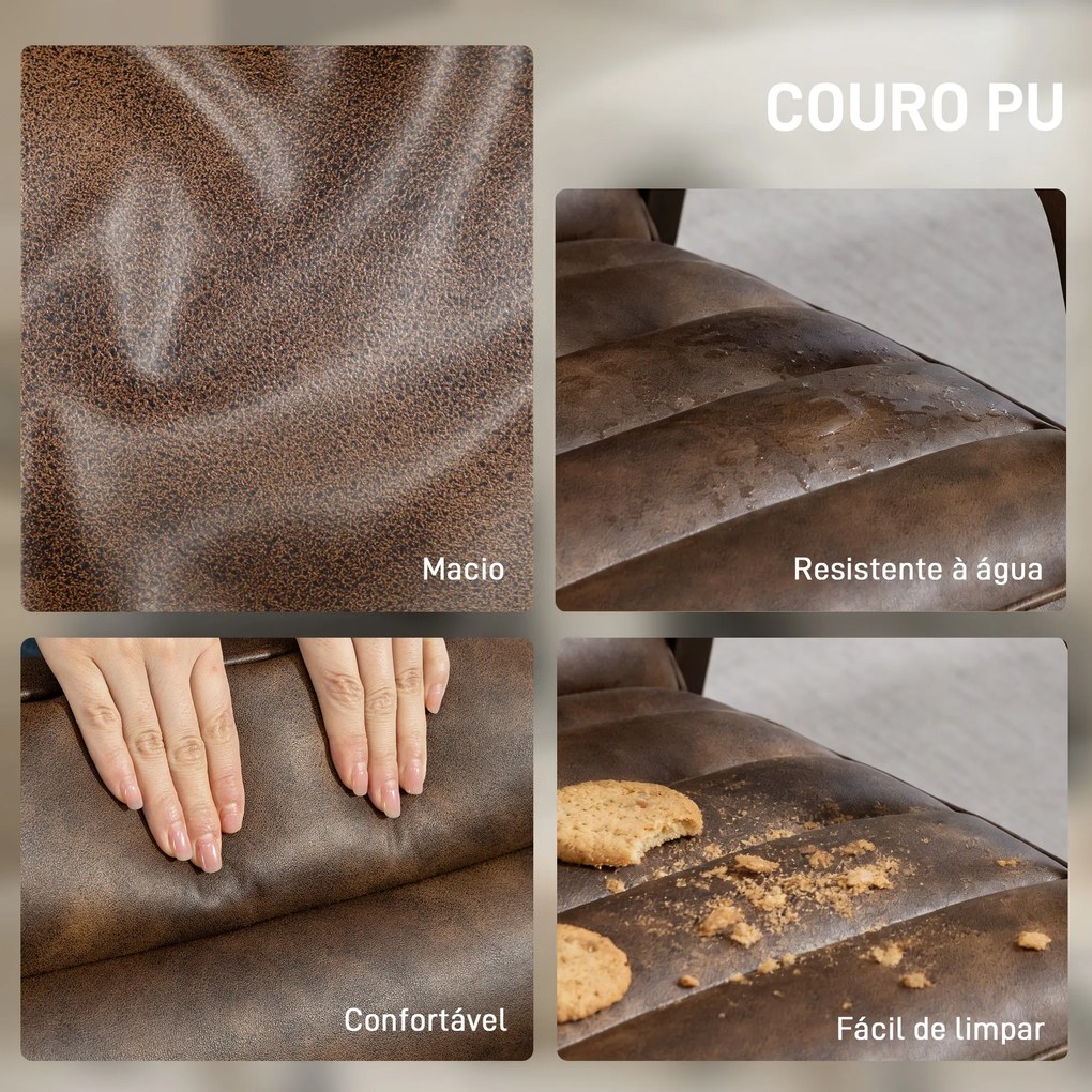 Poltrona Vintage Estofada em Couro Sintético com Almofada Espessa Estrutura em Madeira Maciça 64x79,5x80 cm Castanho