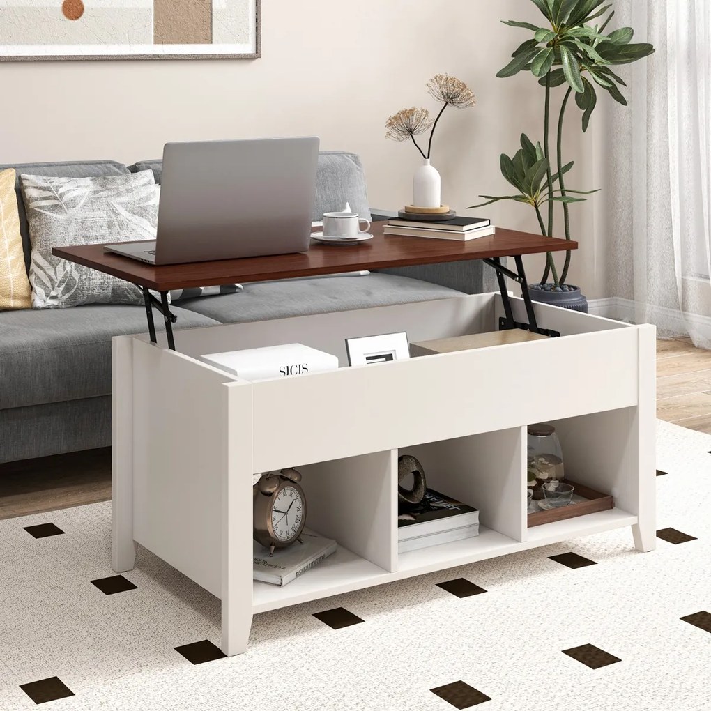 Mesa de centro de madeira elevável multifuncional com 3 prateleiras abertas para sala de estar 105 x 52 x 49 cm branca