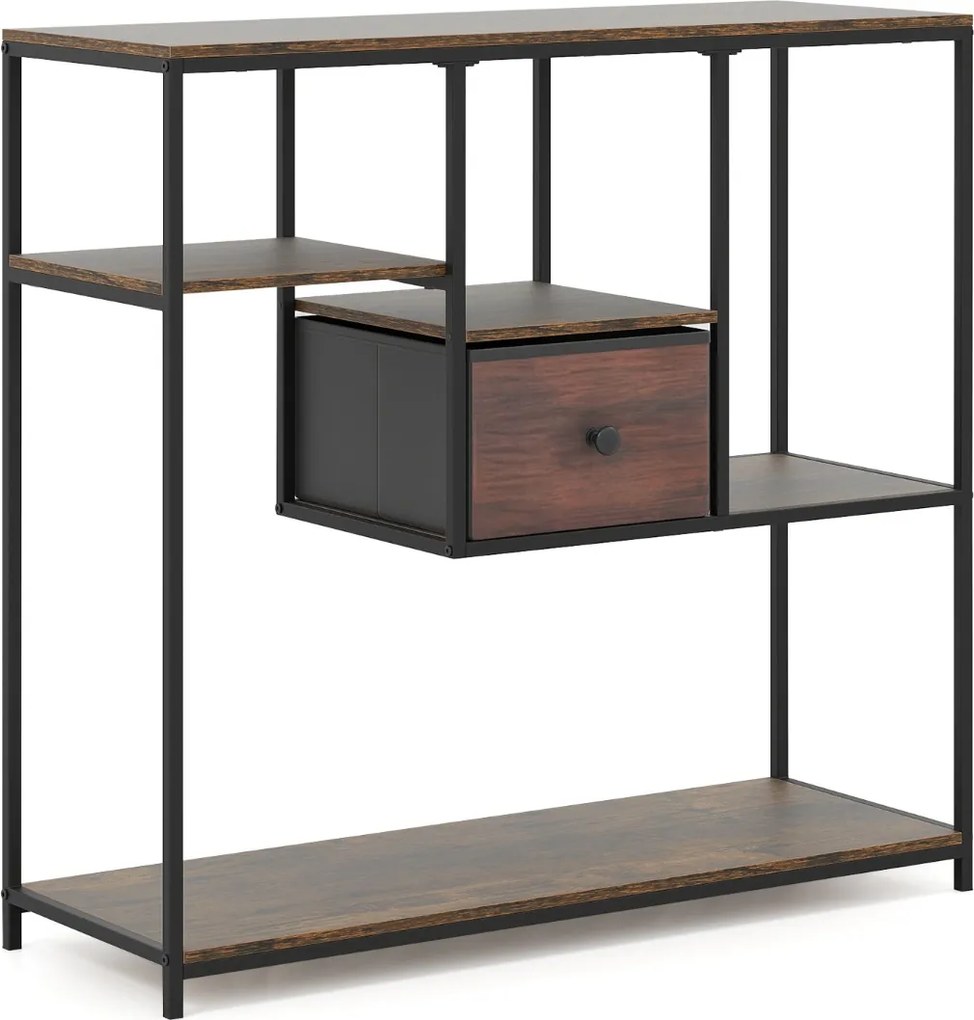 Mesa Consola 100 cm com Gaveta de Armazenamento e Estante de 4 Níveis Estilo Industrial para Sala e Corredor Castanho rústico e preto