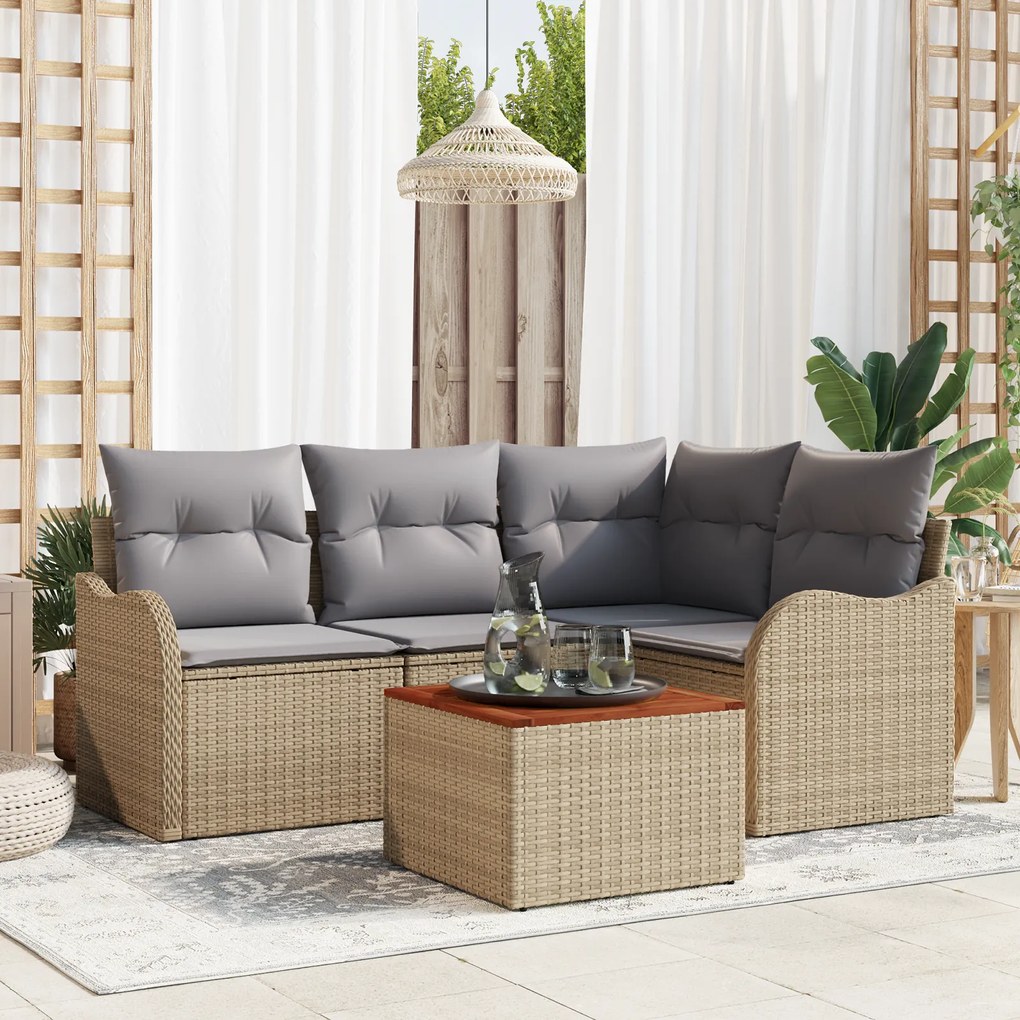 Conjunto de 5 Peças de Sofá de Jardim com Almofadas Bege Vime Acácia