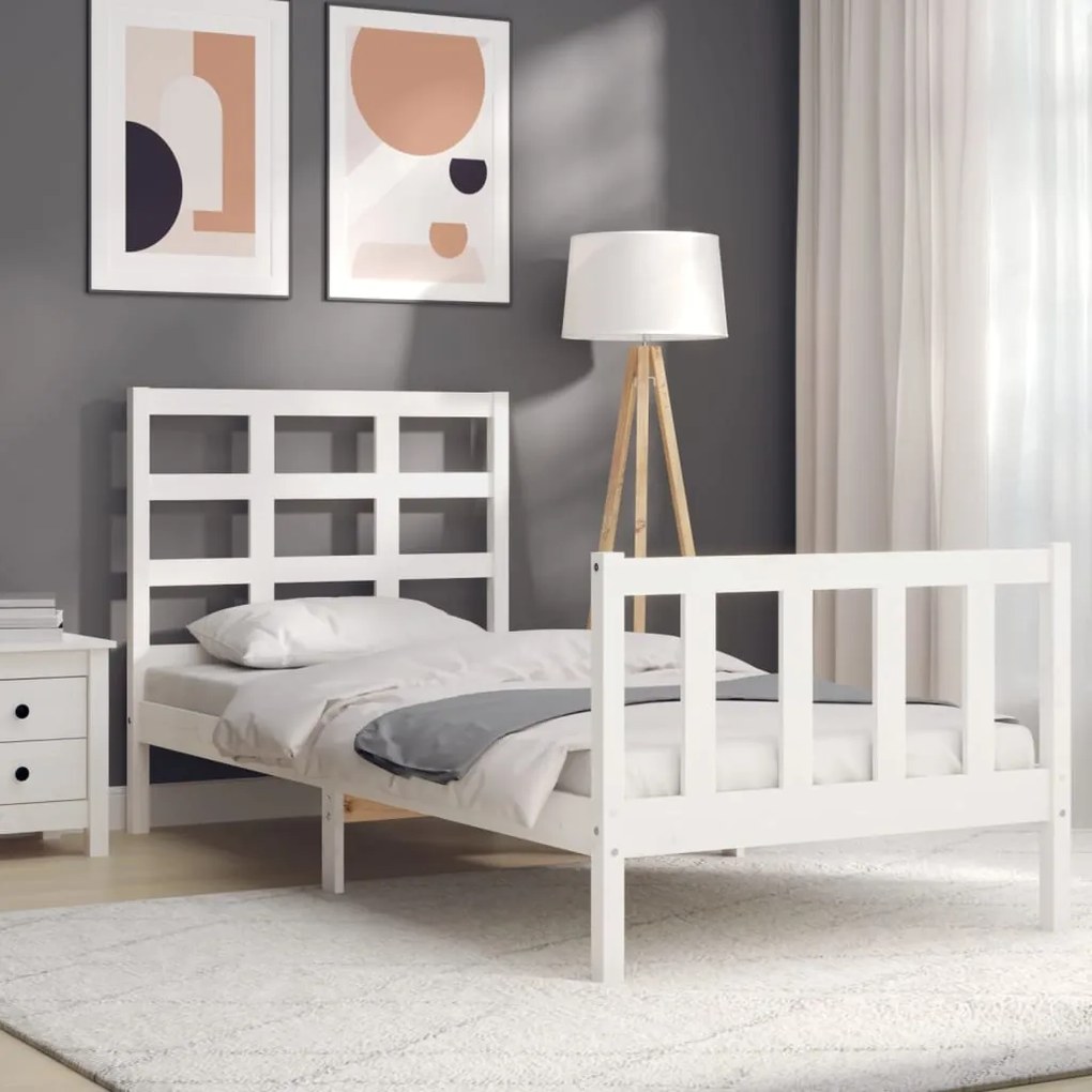 Estrutura de cama com cabeceira 90x190 cm madeira maciça branco