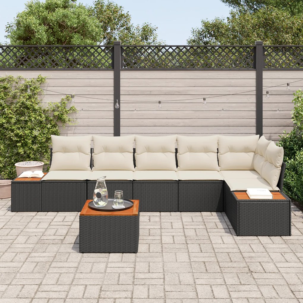 Conjunto de Sofás de Jardim de 7 Peças com Almofadas Preto Vime Acácia